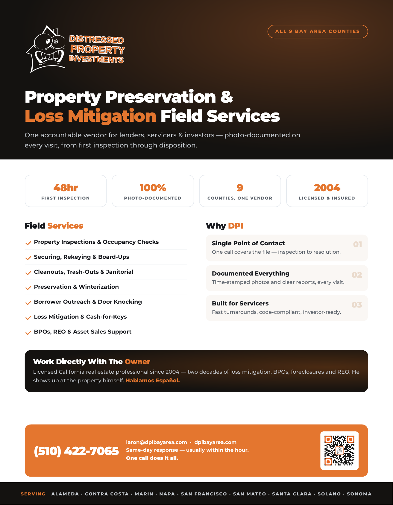 Distressed Property Investments one-page field flyer designed by Phantom Era