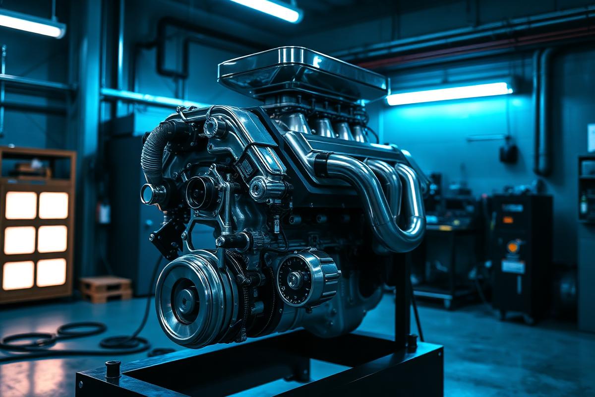 Muscle car engine bay with a fabricated intake