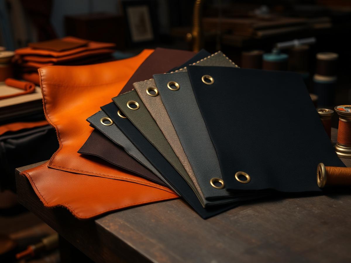 Leather, wool and vinyl swatches fanned across a workbench
