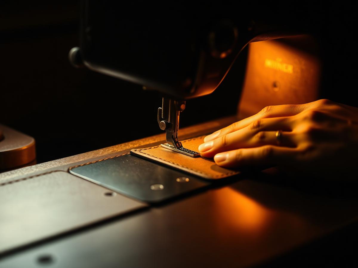 Industrial sewing machine stitching a leather panel