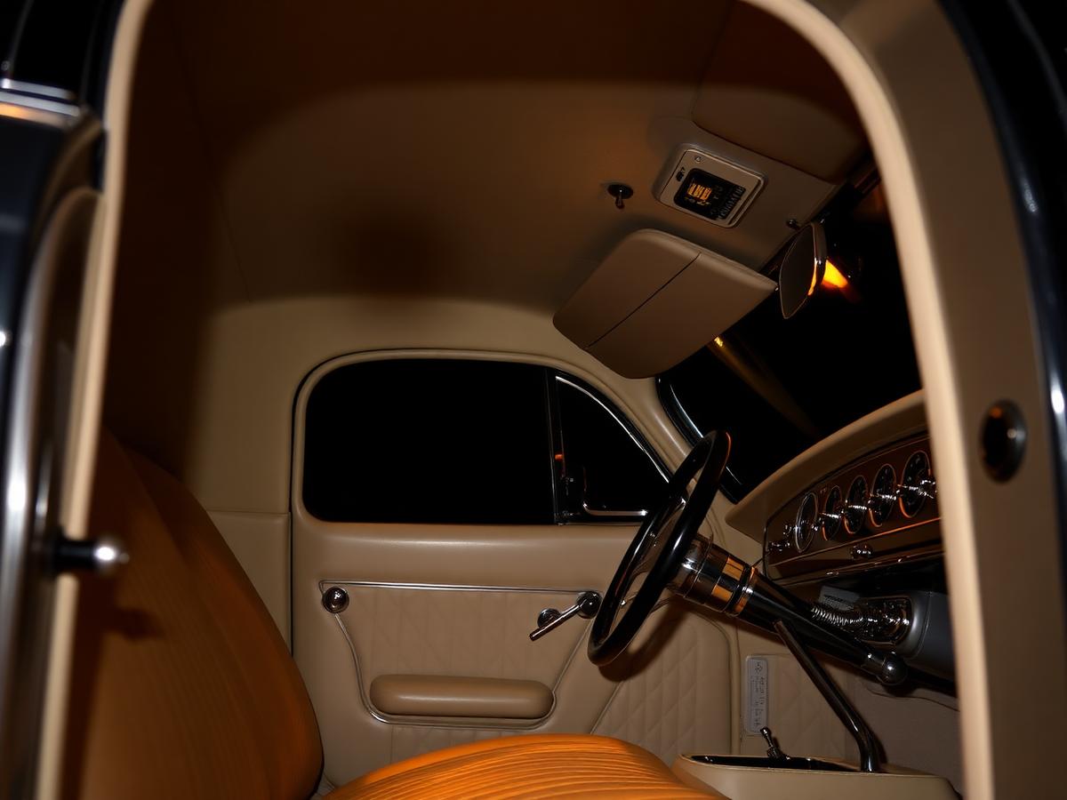 Finished cream leather hot rod cabin with polished dashboard