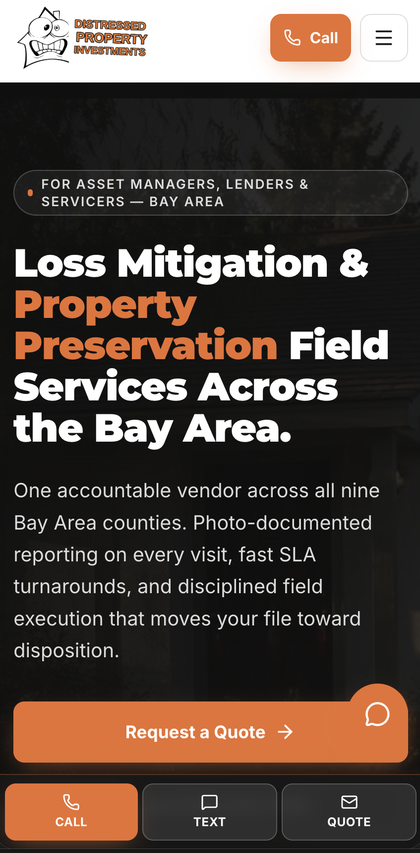 DPI Bay Area website on a phone, with a fixed Call / Text / Quote bar at the bottom of the screen
