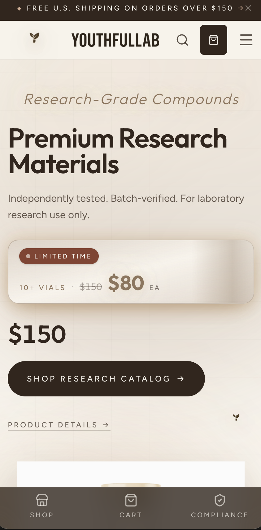 YouthfulLab online store on a phone, with a fixed Shop / Cart / Compliance bar at the bottom of the screen